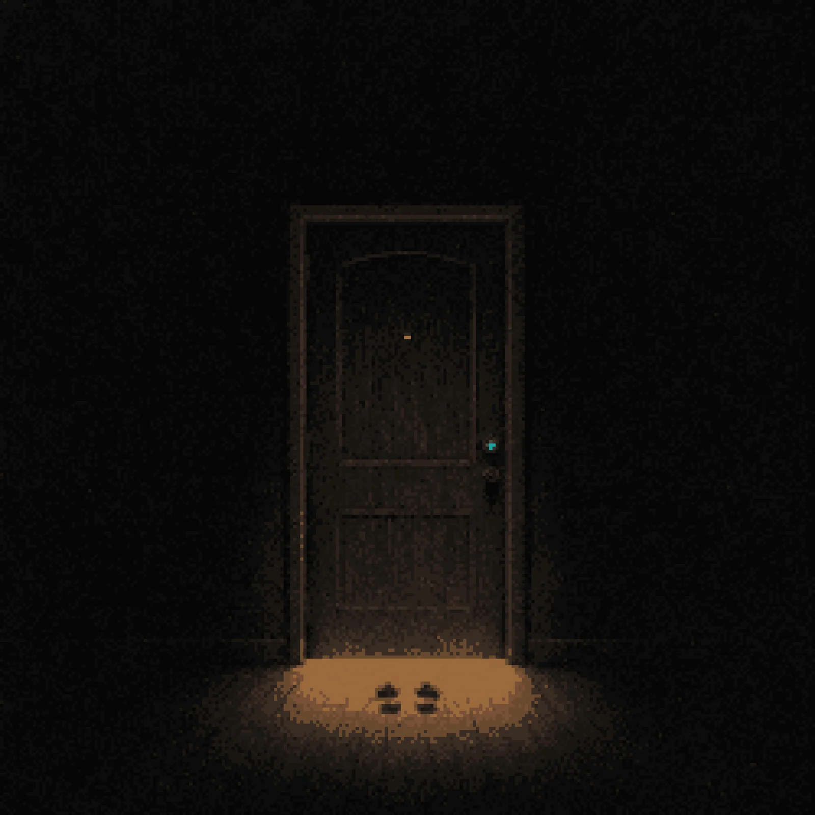 Album cover art: a dark door with a thin line of amber light under it and two small footprints
