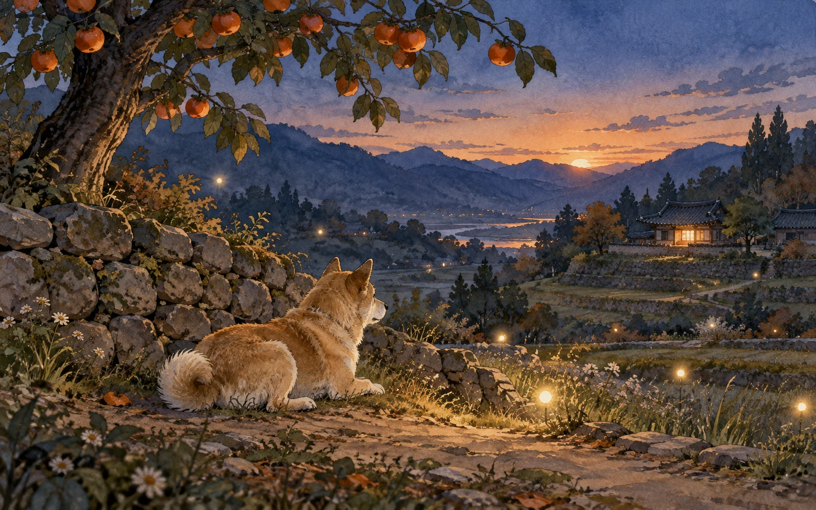 Key art: an old Jindo dog resting by a stone wall under a persimmon tree at dusk, looking toward a lit village house